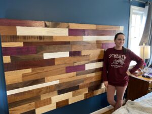 Multi-colored wood headboard.